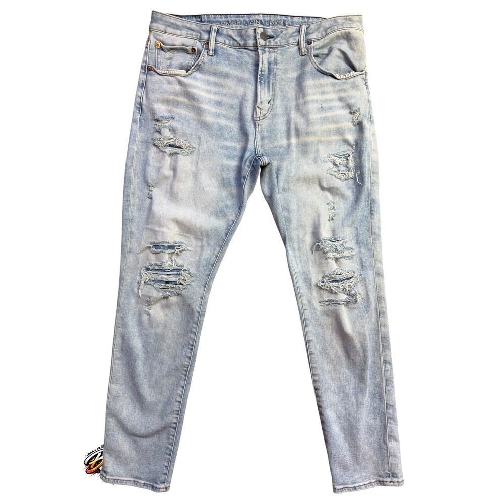 American Eagle Men's Airflex+ Temp Tech Distressed Slim Jeans Light Wash 36x32